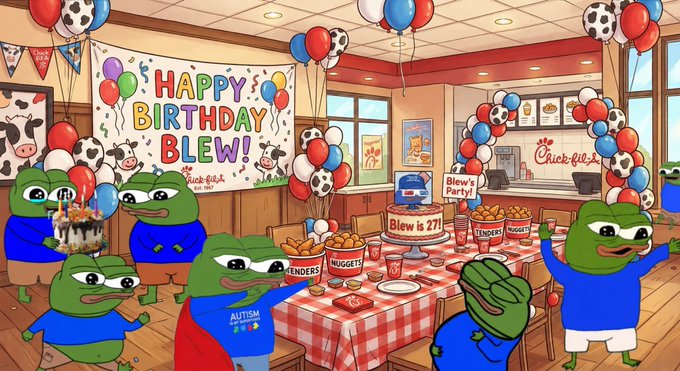 A colorful cartoon scene of a 'Happy Birthday Blew!' party inside a Chick-fil-A restaurant, featuring multiple Pepe the Frog characters celebrating with balloons and nuggets.