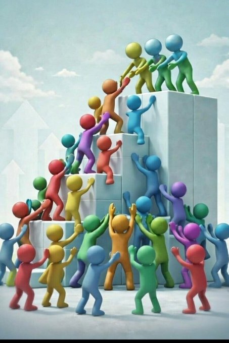 A colorful 3D illustration showing stylized human figures climbing and helping each other ascend stacked white blocks, symbolizing teamwork and collaborative achievement.