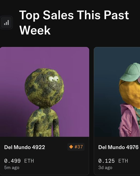 A 'Top Sales This Past Week' NFT marketplace screen shows 'Del Mundo 4922' for 0.499 ETH and 'Del Mundo 4976' for 0.125 ETH.