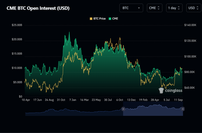 A Coinglass chart displaying 'CME BTC Open Interest (USD)' with BTC Price and CME data plotted over time.
