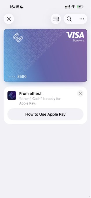 A mobile screenshot of the Apple Wallet interface showing a Visa Signature card and a notification from ether.fi stating 'ether.fi Cash' is ready for Apple Pay.