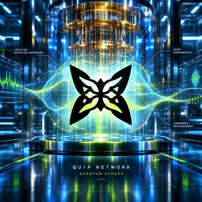 A futuristic digital artwork displays a butterfly-shaped logo over a glowing quantum server, labeled 'QUIP NETWORK' and 'QUANTUM ECHOES', with annotations including 'VERIFIED QUANTUM HARDWARE', 'QVRF RANDOMNESS', and 'HARDWARE MEASUREMENT'.