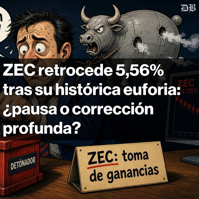 A Spanish-language illustration of a panicked trader next to a metallic bull, with the headline 'ZEC retrocede 5,56% tras su histórica euforia: ¿pausa o corrección profunda?' and a sign reading 'ZEC: toma de ganancias'.