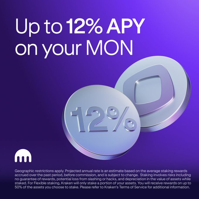 A purple advertisement from Kraken promotes 'Up to 12% APY on your MON' featuring two silver 3D coins displaying '12%' and the Kraken logo, with disclaimer text about staking risks at the bottom.