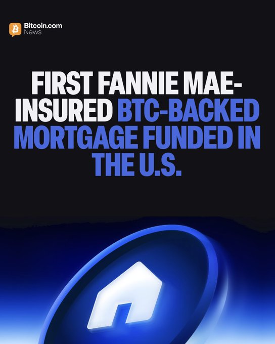 The image features a blue circle with a white house on top of it, surrounded by a black background. The text above the circle reads "First Fannie Mae-insured Btc-backed Mortgage Funded in the U.S." This suggests that the image is related to a cryptocurrency or Bitcoin-related post about the first ever Fannie Mae-insured Btc-backed Mortgage Funded in the U.S., which could be an advertisement for such a fund, promoting its use as a down payment option for mortgages without selling Bitcoin directly.