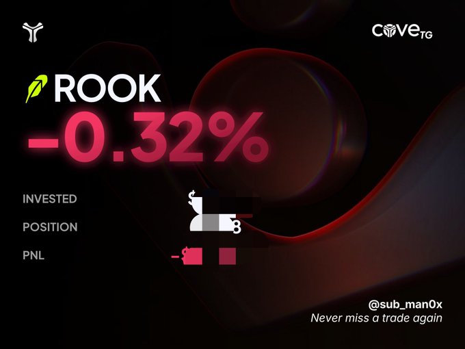 A trading graphic shows "ROOK" at "-0.32%" with "INVESTED," "POSITION," and "PNL" labels, branded with "CaveTG" and "@sub_man0x Never miss a trade again."