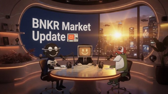 The image features a cartoon scene of three people sitting at a table with a computer monitor, possibly for a podcast or radio show. The background shows an office setting with a window overlooking a city skyline. The caption reads "BNKR MARKET UPDATE" in white text above and below the cartoon characters' heads.