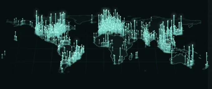 A stylized digital world map glows in cyan with vertical data spikes rising from various countries against a black background.