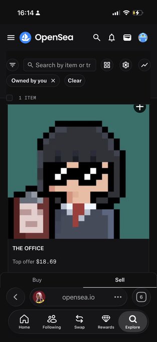 A screenshot of the OpenSea app showing an NFT titled 'THE OFFICE' with a pixel art image of a character wearing pixel sunglasses, priced at a top offer of $18.69.