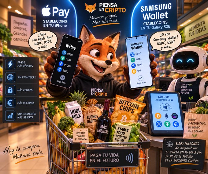 A promotional illustration features an anthropomorphic fox wearing a 'PIENSA EN CRIPTO' hoodie holding smartphones showing Apple Pay and Samsung Wallet with stablecoins (USDC, USDT, PYUSD, EURC), surrounded by groceries including 'BITCOIN CHIPS' in a shopping cart.
