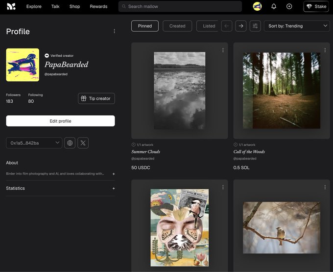 Screenshot of a creator profile page on a digital art platform, showing user 'PapaBearded' with 183 followers displaying various photography and AI artworks including 'Summer Clouds' and 'Call of the Woods'.