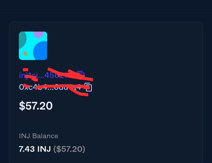 A crypto wallet interface showing a balance of $57.20 (7.43 INJ) with two red arrows drawn on it pointing to wallet and copy address icons.