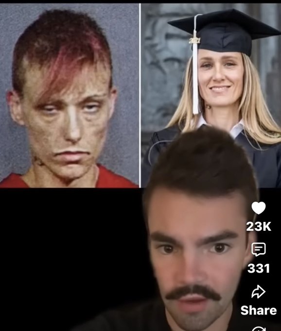 A TikTok-style split screen showing a young man with reddish hair and a graduation photo of a woman on top, while a man with a mustache speaks below with 23K likes and 331 comments visible.