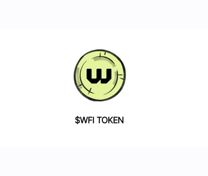 A digital logo for "$WFI TOKEN" features a stylized green circular emblem with a black "W" in the center on a gray background.