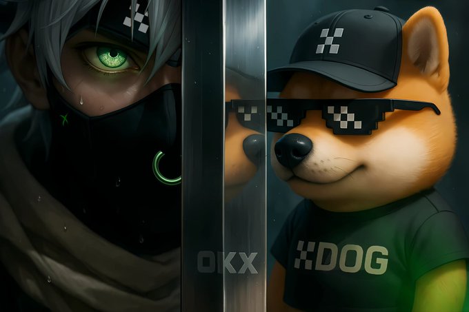 The image features a graphic design of a dog character wearing glasses, sunglasses, and a hat with a diamond pattern. The dog is positioned in front of a window frame, peeking out from behind it, giving an impression that he's looking into someone else's room or observing something outside. There are several people around the scene, likely participating in the meme trend or enjoying the popular video game X Layer. These individuals may be interacting with the image and discussing its significance within the context of the post sharing the story. The overall atmosphere appears to be casual and lighthearted as everyone seems to be having fun and exploring new ways to engage with online communities and share experiences through images, videos, and games like X Layer.