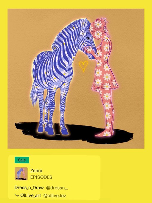 A digital artwork shows a girl in a pink floral dress tenderly embracing a blue and purple striped zebra, with a small yellow heart between them, displayed on a tan background with a yellow border. The post celebrates the piece titled "Zebra" by Dress_n_Draw as sold, noting @OlLive.art as the first collector and highlighting new @objkt color options.