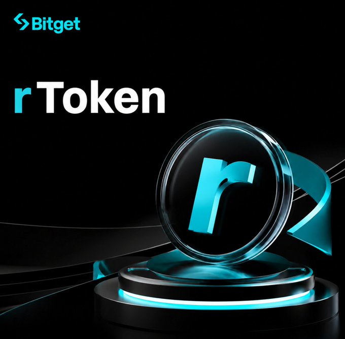 A Bitget-branded promotional graphic displays the text "rToken" alongside a sleek 3D rendering of a cyan letter "r" encased in a glass-like sphere resting on a glowing podium. The image visually reinforces the post's message about Bitget's rToken leveraging deep liquidity from NASDAQ and NYSE for stable trade execution.