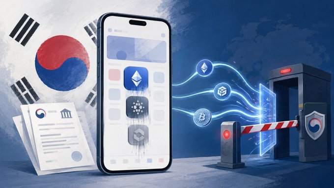 The image depicts a smartphone displaying cryptocurrency icons alongside the South Korean flag and official documents, with crypto symbols flowing toward a security checkpoint barrier, symbolizing increased regulatory oversight of digital asset transfers.

The image illustrates South Korea's crackdown on offshore crypto platforms, with Ethereum and Cardano icons on the phone screen representing the digital assets being regulated, while the security gate and government documents visually reinforce the post's theme of tightening regulatory barriers on exchanges like Bybit, MEXC, and HTX.