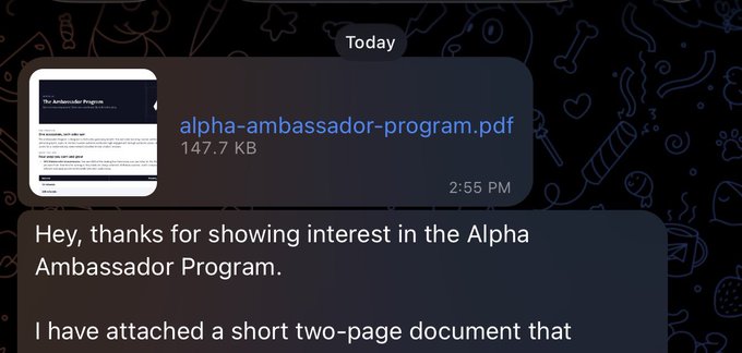 A file titled "alpha-ambassador-program.pdf" was shared, likely in response to expressed interest in the Alpha Ambassador Program. The accompanying text confirms this, stating "Hey, thanks for showing interest in the Alpha Ambassador Program."