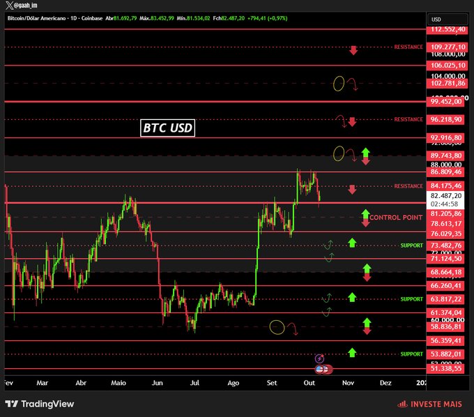 A TradingView candlestick chart for Bitcoin/Dollar Americano (BTC/USD) on the daily timeframe, featuring numerous horizontal resistance and support levels marked with red and green arrows indicating a "CONTROL POINT" analysis by Investe Mais.