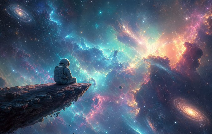 A digital artwork depicting an astronaut sitting on a rocky cliff edge, gazing out at a vibrant cosmic scene filled with swirling nebulas, stars, and spiral galaxies in hues of blue, purple, and orange.
