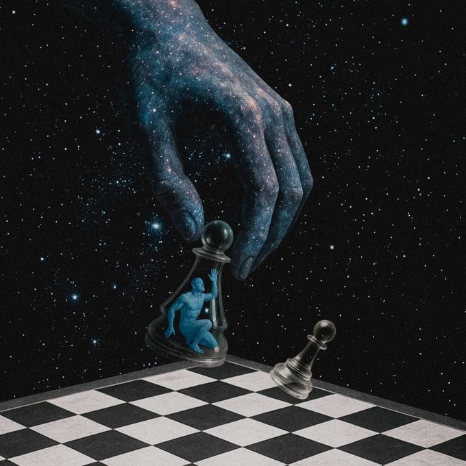 A surreal digital artwork showing a giant cosmic hand made of stars reaching down from space to grasp a chess piece containing a small blue human figure, with a fallen bishop piece beside it on a checkered board.