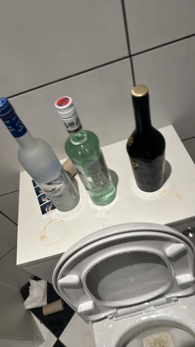 A makeshift bathroom shrine featuring a Smirnoff vodka bottle, a green-labeled liquor, and a dark wine bottle arranged like alter offerings beside an open toilet. The crude altar setup humorously echoes the post's "easter egg" crypto pump pitch on pump.fun/coin/Dyagfa496, implying the meme coin is as flushable as what's been offered up to the porcelain god.