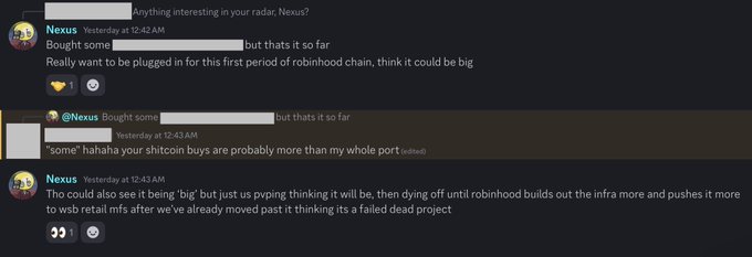 A Discord conversation between users "Nexus" and "@Nexus" discussing Robinhood chain, with Nexus expressing FOMO about getting plugged in early while @Nexus jokes about their "shitcoin buys" being larger than Nexus's whole portfolio, and Nexus defending the opportunity to potentially flip large gains by getting in before retail arrives.