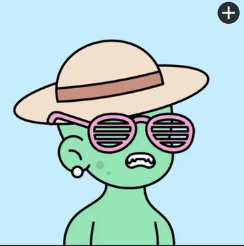 A green cartoon character wears a tan sun hat and pink shutter-shade sunglasses on a light blue background.