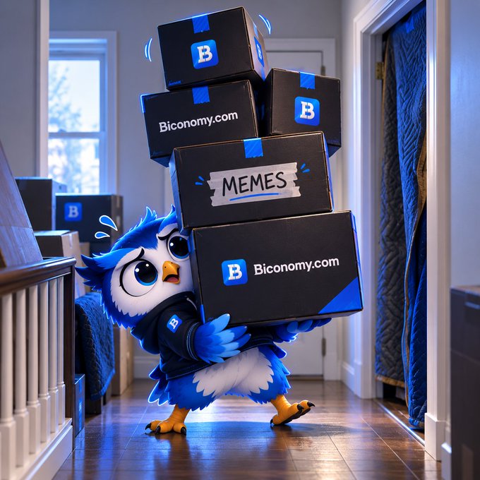 An illustration of a cute blue and white owl character wearing a Biconomy delivery uniform, struggling to carry a tall stack of Biconomy.com boxes labeled 'MEMES' down a hallway.