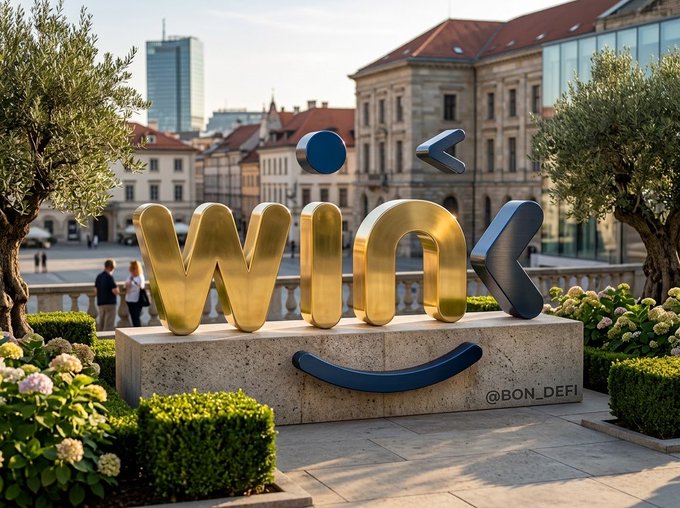 A large gold and blue sculpture spelling 'WINK' with a smile and eyebrows sits on a stone pedestal in a plaza, surrounded by greenery and European-style buildings; the handle '@BON_DEFI' is visible.