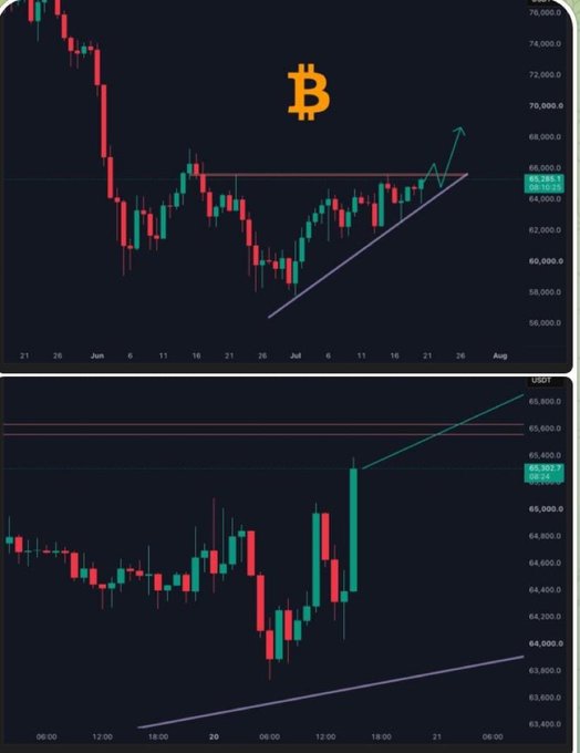 The image displays two Bitcoin (USDT) candlestick charts showing a long-term daily view (June-August) and a short-term intraday view, where BTC is building a strong ascending support base after bottoming near $59,000 and consolidating around $65,200, suggesting potential for a large upward breakout. Key visible price levels include $65,220 (current price), $65,450, and resistance zones near $65,800-$66,000 on both charts.