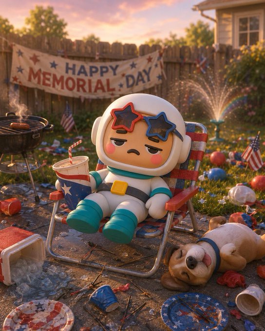 The image features a cartoon character, possibly an astronaut or a robot, sitting in a lawn chair with a dog lying next to them. There are several objects around the scene that include a banner reading "Happy Memorial Day", a fire hydrant, a cup of soda, and various other items scattered throughout the yard. The post about the movie suggests that this scene might be part of an art project or a creative representation of a specific event or concept related to Memorial Day.

The presence of these objects in the image creates a sense of depth and context for the viewer, making it more engaging and thought-provoking than just a simple photo of a cartoon character sitting in a lawn chair with a dog.
