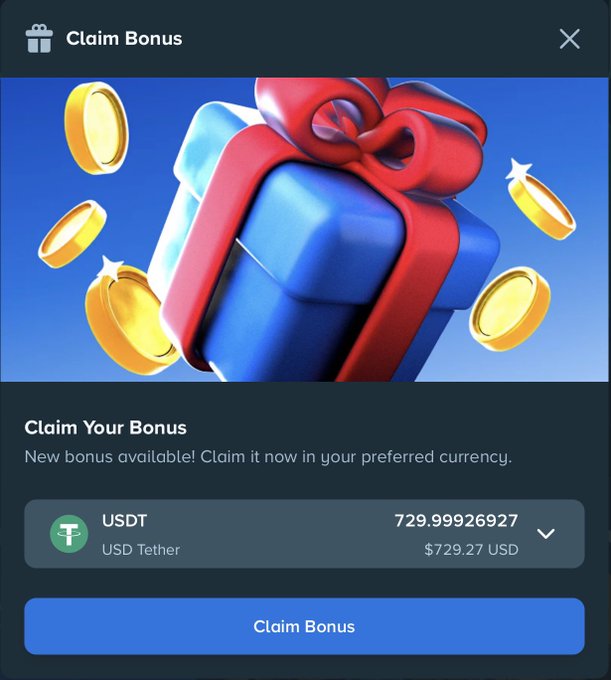 A "Claim Bonus" popup showing 729.99926927 USDT (~$729.27 USD) available to claim, corresponding to the Weekly Bonus the user just received from Stake.