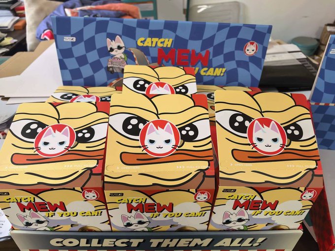 A display of "CATCH MEW IF YOU CAN!" collectible blind boxes featuring a cartoon cat character, with packaging stating "COLLECT THEM ALL!" on the display box.