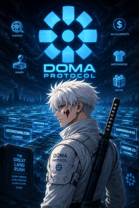 An anime-style promotional poster for 'DOMA PROTOCOL' featuring white-haired character Guts, with icons for CONTENT, GAMES, MERCHANDISE, GACHA, and 'THE GREAT LAND RUSH.'
