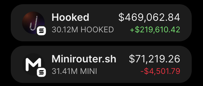 The image shows two crypto holdings displayed on what appears to be a wallet tracker: Hooked ($HOOKED) with a value of $469,062.84 and a gain of +$219,610.42 from 30.12M tokens, and Minirouter.sh ($MINI) with a value of $71,219.26 and a loss of -$4,501.79 from 31.41M tokens. The post highlights $HOOKED as one of several memecoin successes the author predicted, showing a substantial profit from the trade despite the mixed results with $MINI.