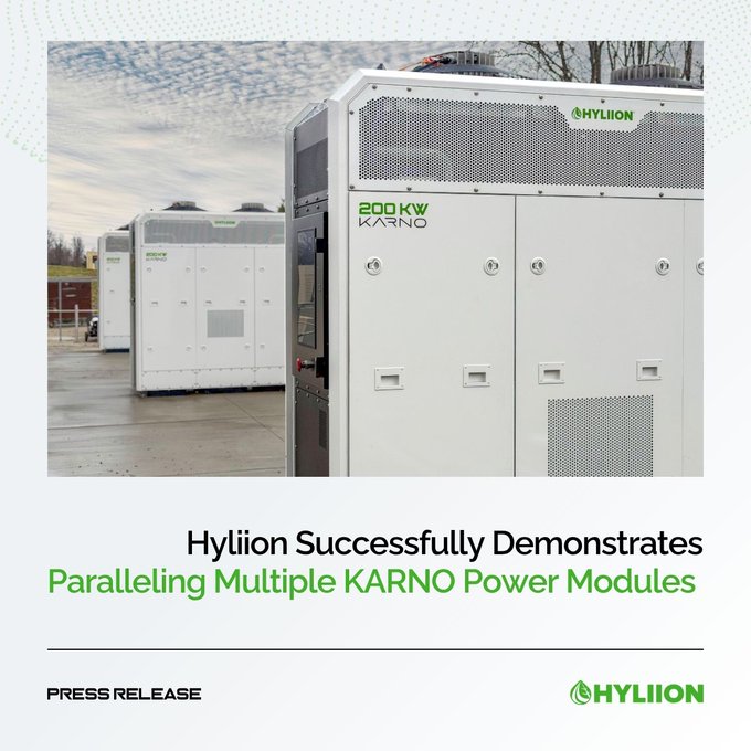 The image shows a Hyliion press release announcement about successfully demonstrating the paralleling of multiple KARNO 200 kW power modules, reinforcing the poster's bullish sentiment on $HYLN at sub-$4 prices as positive company developments appear underappreciated by the market.