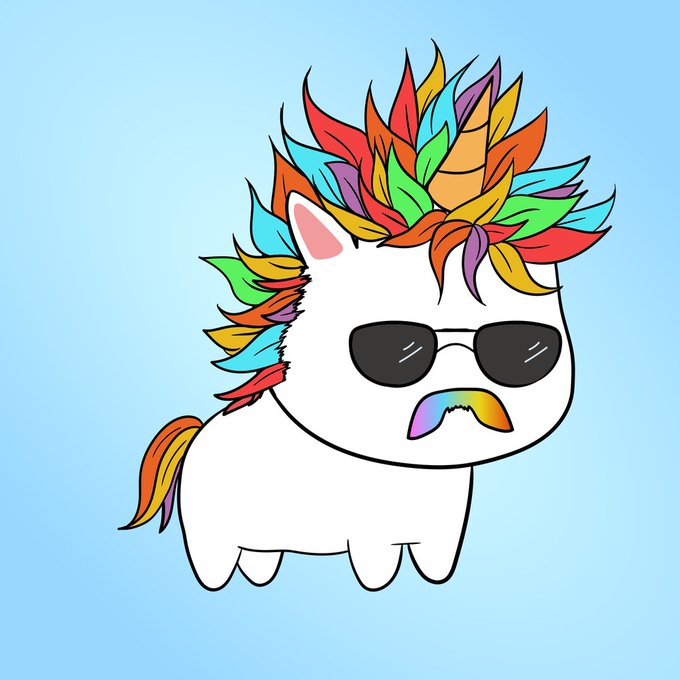 A cartoon illustration of a white cat-like creature with a rainbow-colored mane and tail, wearing black sunglasses with a rainbow-tinted mustache, set against a light blue background.