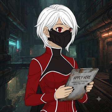 An anime-style illustration depicts a white-haired character with red eyes in a red outfit and face mask holding an 'APPLY HERE' tablet in a cyberpunk setting.