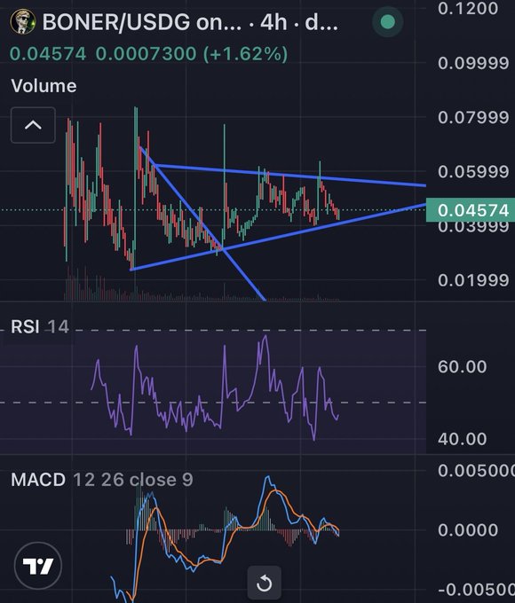 A cryptocurrency trading chart for BONER/USDG on a 4-hour timeframe shows a price of 0.04574 with a 1.62% increase, featuring RSI 14 and MACD indicators below the main price action with a triangle pattern drawn.