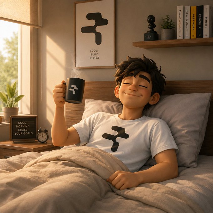 A 3D-animated boy with brown hair wakes up in bed smiling, holding a black mug, with motivational signs reading 'FOCUS BUILD REPEAT' and 'GOOD MORNING CHASE YOUR GOALS' visible in the cozy room.