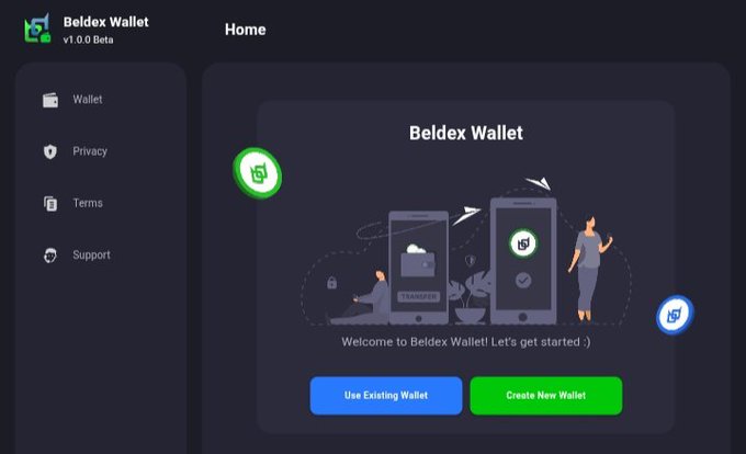 The welcome screen for 'Beldex Wallet v1.0.0 Beta' featuring 'Use Existing Wallet' and 'Create New Wallet' buttons alongside an illustration of people using mobile wallets.