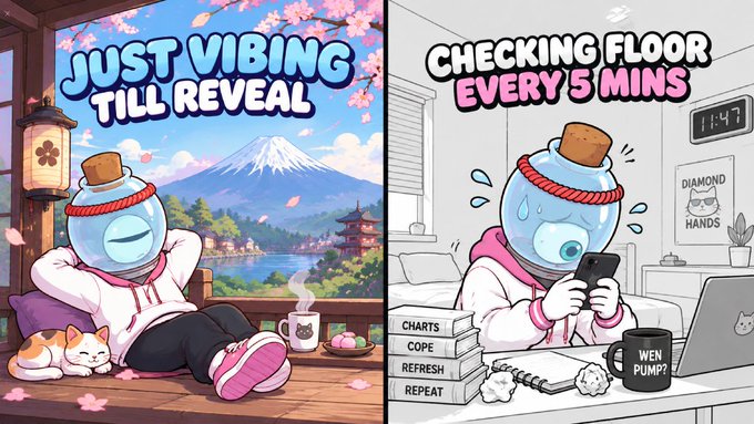 A side-by-side comparison meme showing two cartoon potion bottle characters: one peacefully relaxing in a serene Japanese setting with "JUST VIBING TILL REVEAL," and another anxiously refreshing their phone at a desk stacked with "CHARTS, COPE, REFRESH, REPEAT" books, titled "CHECKING FLOOR EVERY 5 MINS," capturing the two mindsets of waiting for a crypto or NFT drop.