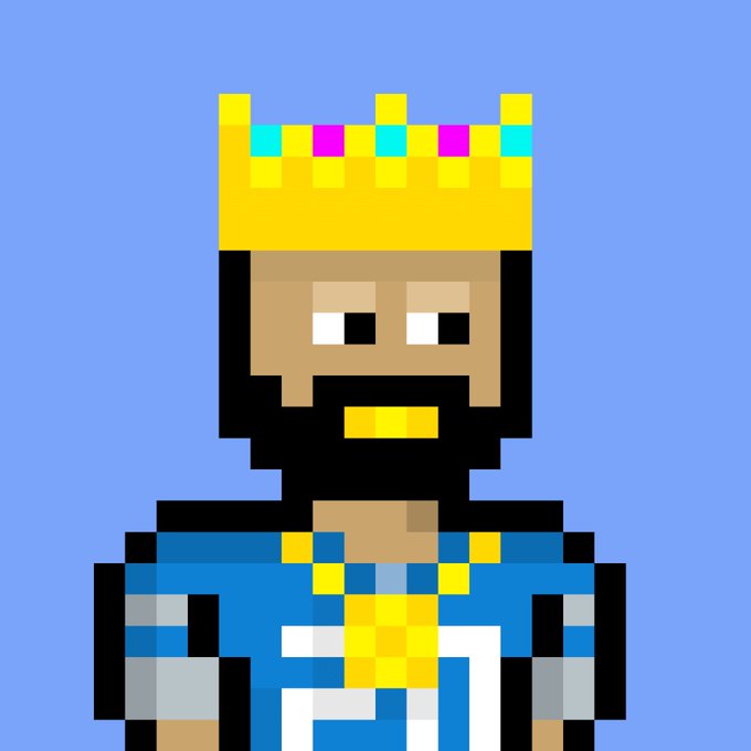 Pixel art style image of a dark-skinned king character wearing a yellow crown with cyan and magenta gems, a beard, and a blue robe with yellow and white details against a light blue background.