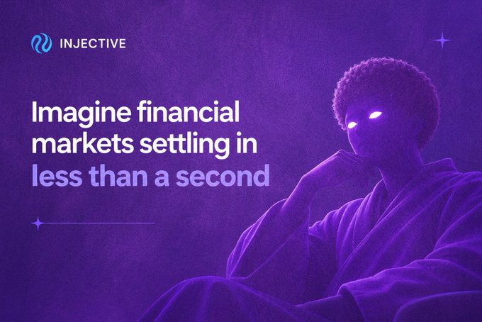A promotional graphic for 'INJECTIVE' shows a person with glowing purple eyes against a matching background. The text reads, 'Imagine financial markets settling in less than a second.'
