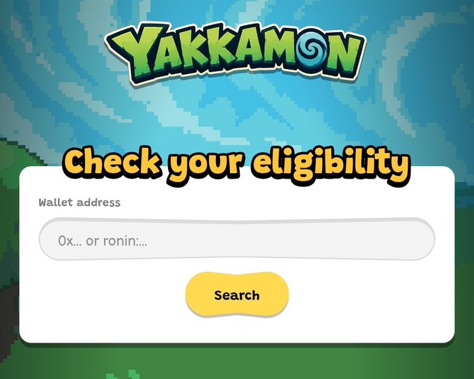 A user interface for 'Yakkamon' featuring the text 'Check your eligibility' above a white box with a 'Wallet address' input field (showing placeholder '0x... or ronin:...') and a yellow 'Search' button.