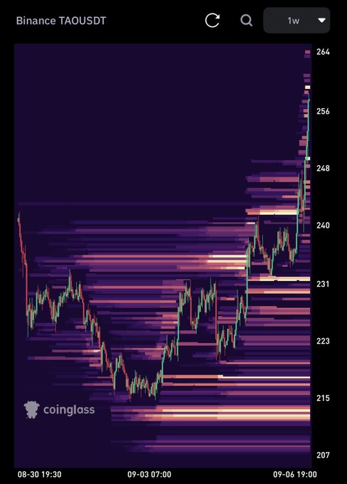 A Binance TAOUSDT 1-week price chart from Coinglass showing candlestick data with horizontal volume heatmap overlays, displaying price movement between approximately 207 and 264 from August 30 to September 06.