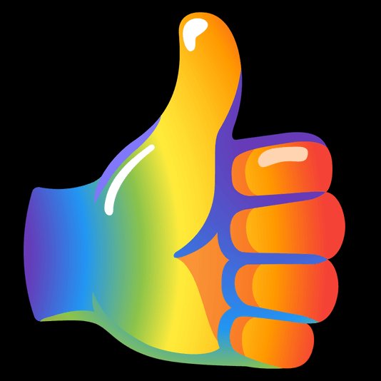 A brightly colored graphic illustration of a thumbs-up hand with a gradient of blue, green, yellow, orange, and red colors against a black background.