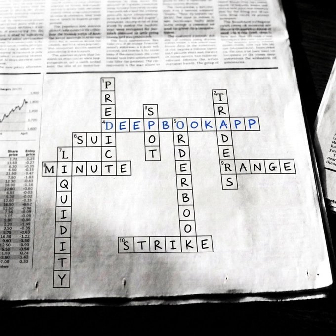 A newspaper crossword puzzle features words like "DEEPBOOKAPP," "TRADERS," "RANGE," "MINUTE," and "STRIKE," reinforcing the post's message that DeepBook is the premier all-in-one trading app combining elite traders, liquidity, and institutional-grade tools.